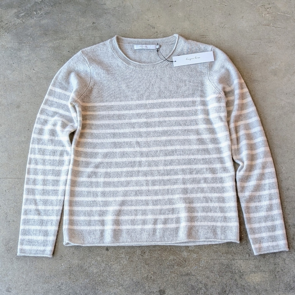 Harper Lane Gray White Striped Tyde Cashmere Crewneck Sweater medium NWT
